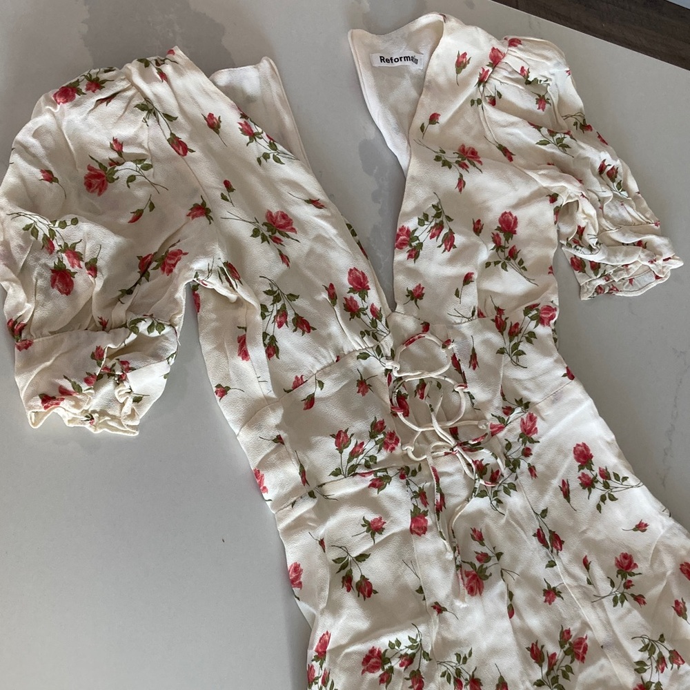 Reformation Cream and Pink Flower Dress